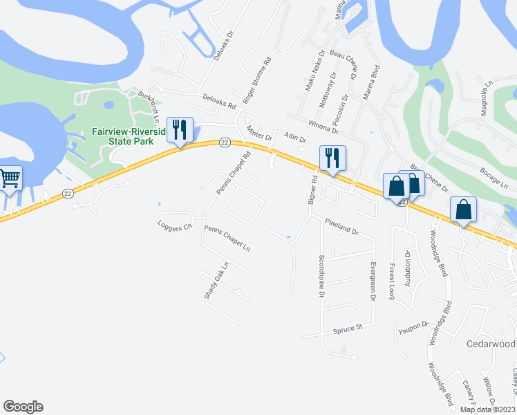map of restaurants, bars, coffee shops, grocery stores, and more near 201 Chapel Loop in Mandeville