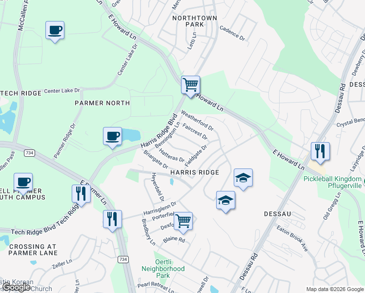 map of restaurants, bars, coffee shops, grocery stores, and more near 1200 Blue Fox Drive in Austin