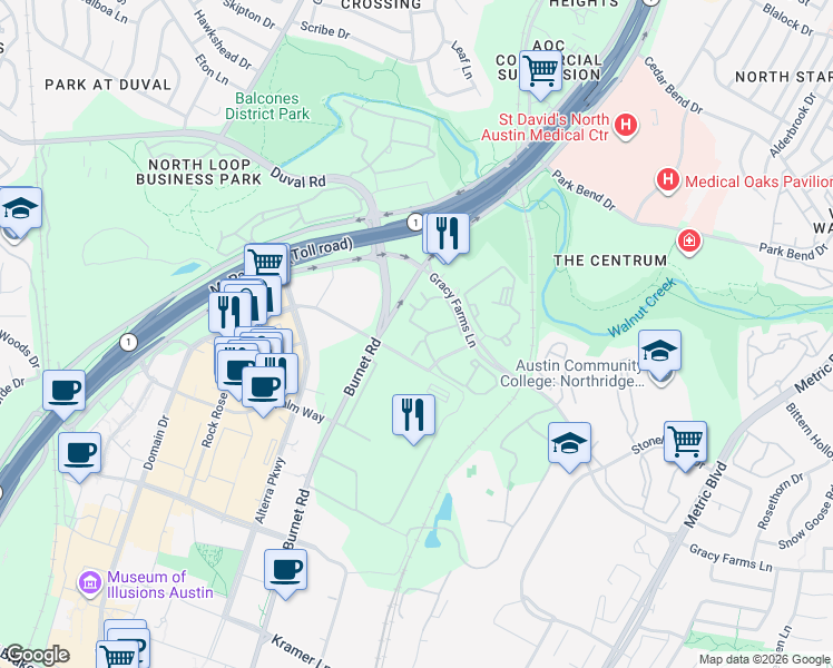 map of restaurants, bars, coffee shops, grocery stores, and more near 11901 Burnet Road in Austin