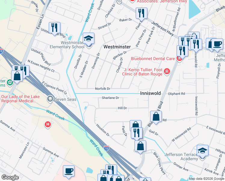 map of restaurants, bars, coffee shops, grocery stores, and more near 8918 Norfolk Drive in Baton Rouge