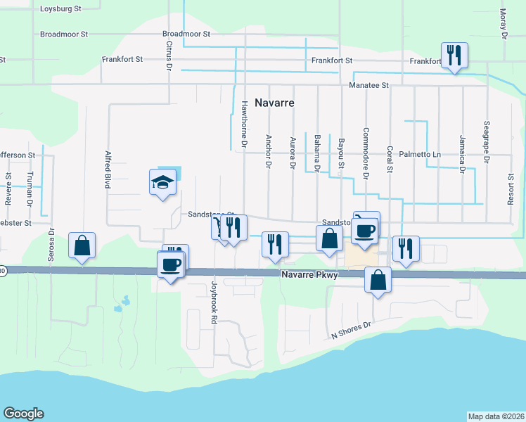 map of restaurants, bars, coffee shops, grocery stores, and more near 1881 Anchor Drive in Navarre