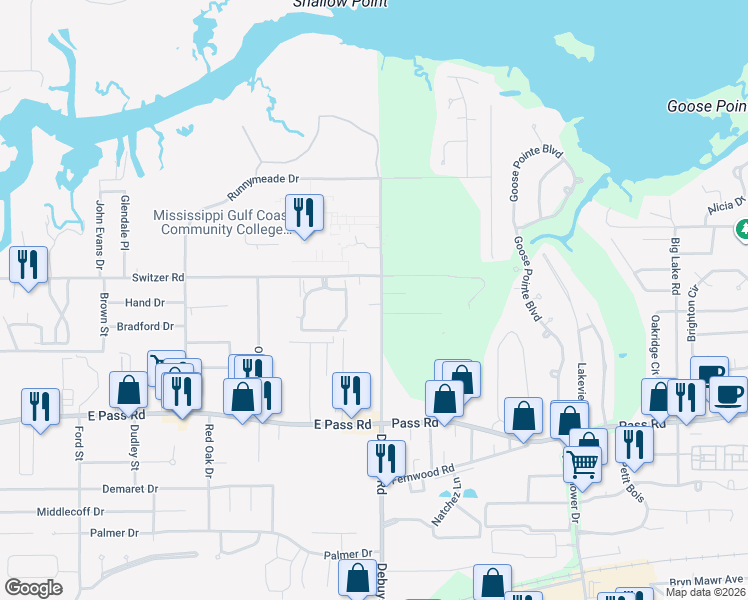 map of restaurants, bars, coffee shops, grocery stores, and more near 363 Debuys Road in Gulfport
