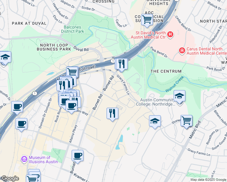 map of restaurants, bars, coffee shops, grocery stores, and more near 11901 Burnet Road in Austin