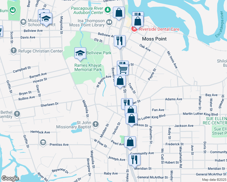 map of restaurants, bars, coffee shops, grocery stores, and more near 4401 Bowen Street in Moss Point