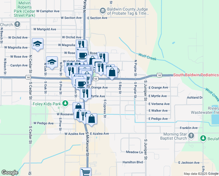 map of restaurants, bars, coffee shops, grocery stores, and more near 304 East Orange Avenue in Foley