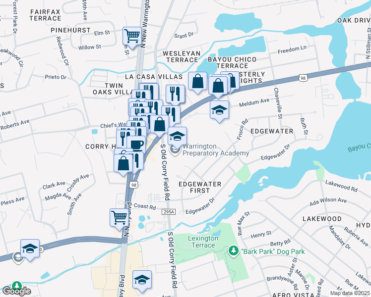 map of restaurants, bars, coffee shops, grocery stores, and more near 450 South Old Corry Field Road in Pensacola