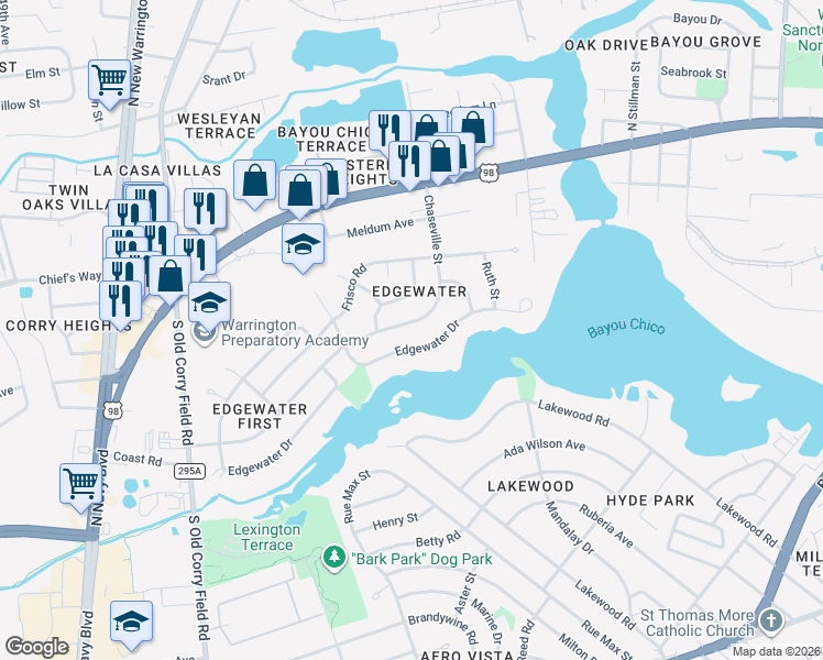 map of restaurants, bars, coffee shops, grocery stores, and more near 320 Chaseville Street in Pensacola