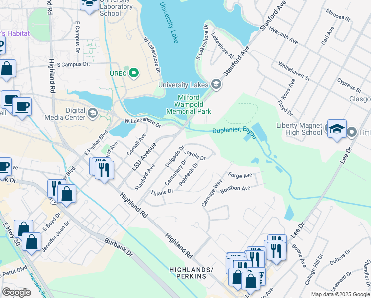map of restaurants, bars, coffee shops, grocery stores, and more near 4739 Loyola Drive in Baton Rouge
