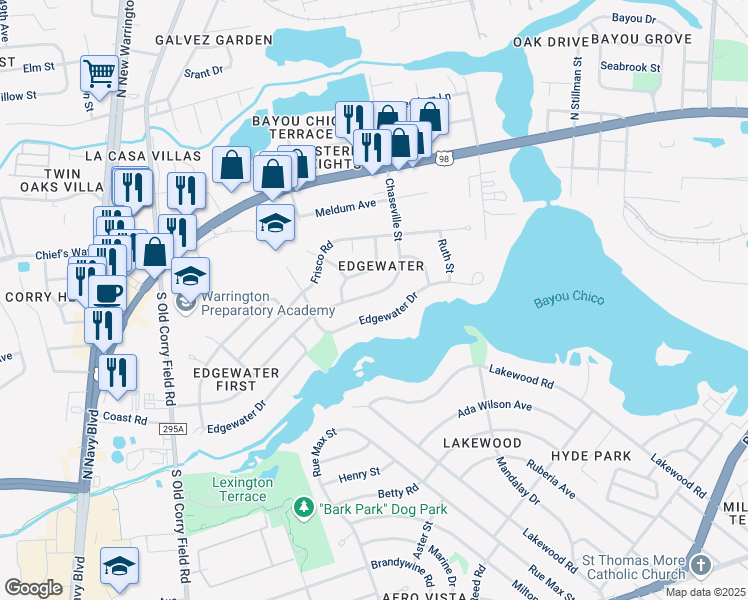 map of restaurants, bars, coffee shops, grocery stores, and more near 320 Chaseville Street in Pensacola