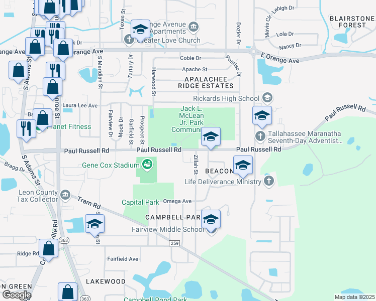map of restaurants, bars, coffee shops, grocery stores, and more near 615 Paul Russell Road in Tallahassee