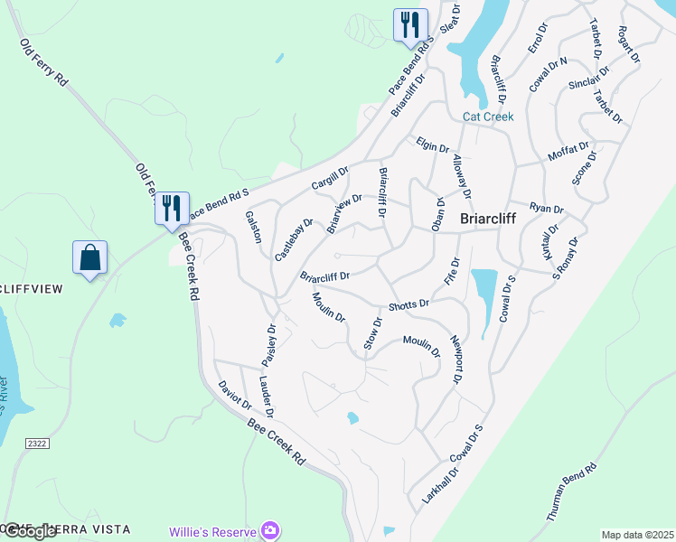 map of restaurants, bars, coffee shops, grocery stores, and more near 22334 Briarcliff Drive in Spicewood