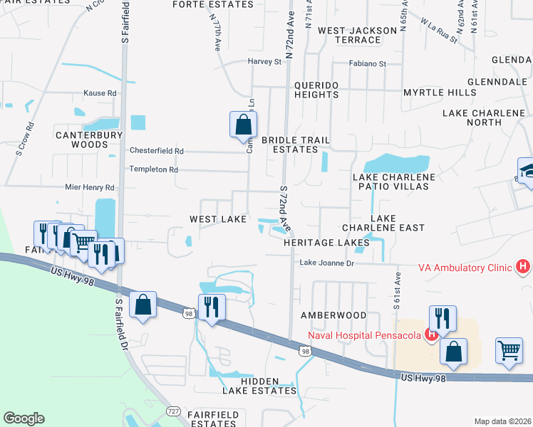 map of restaurants, bars, coffee shops, grocery stores, and more near 7213 Willowside Cir in Pensacola
