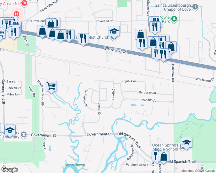 map of restaurants, bars, coffee shops, grocery stores, and more near 120 Lynne Therese Circle in Ocean Springs