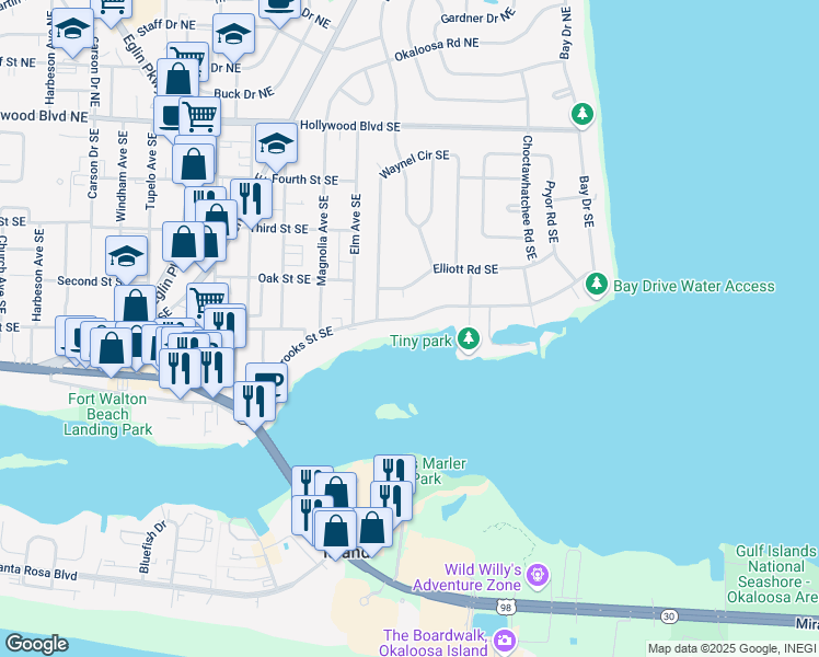 map of restaurants, bars, coffee shops, grocery stores, and more near 318 Brooks Street Southeast in Fort Walton Beach