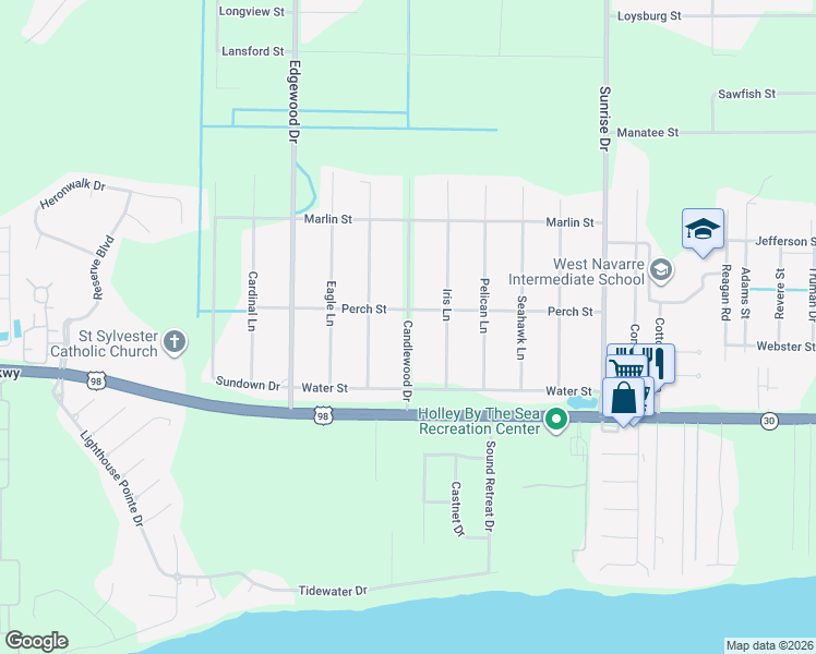 map of restaurants, bars, coffee shops, grocery stores, and more near 1860 Candlewood Drive in Navarre