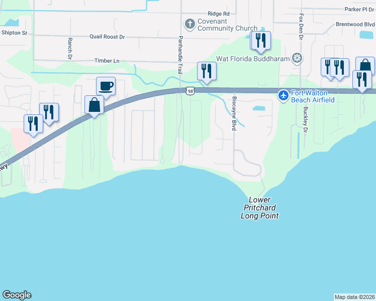 map of restaurants, bars, coffee shops, grocery stores, and more near 1924 Noleka Court in Navarre