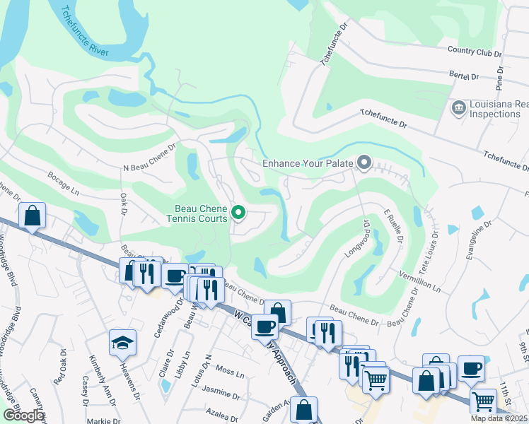 map of restaurants, bars, coffee shops, grocery stores, and more near 46 North Court Villa Drive in Mandeville