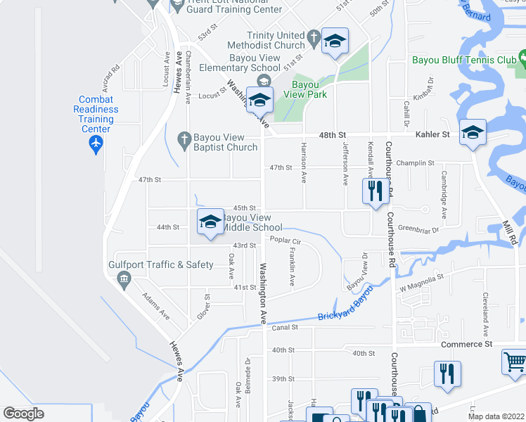 map of restaurants, bars, coffee shops, grocery stores, and more near 98 45th Street in Gulfport