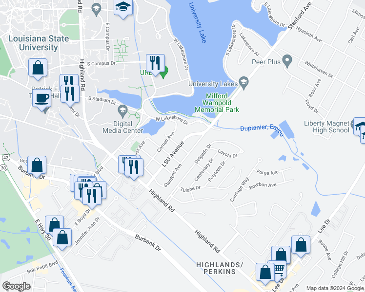 map of restaurants, bars, coffee shops, grocery stores, and more near 502 South Boulevard in Baton Rouge