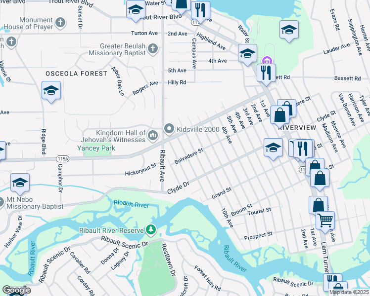 map of restaurants, bars, coffee shops, grocery stores, and more near 9221 12th Avenue in Jacksonville