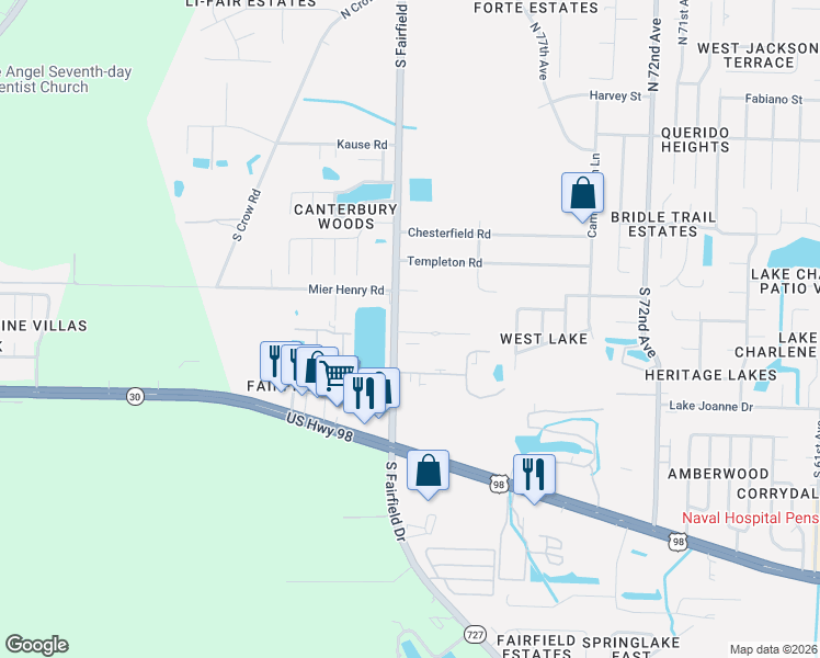 map of restaurants, bars, coffee shops, grocery stores, and more near 488 Villa Drive in Pensacola