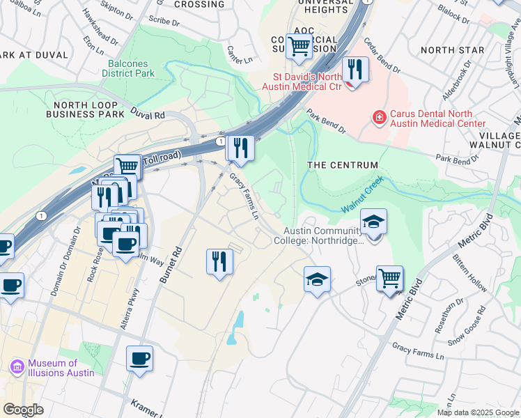 map of restaurants, bars, coffee shops, grocery stores, and more near 2600 Gracy Farms Lane in Austin