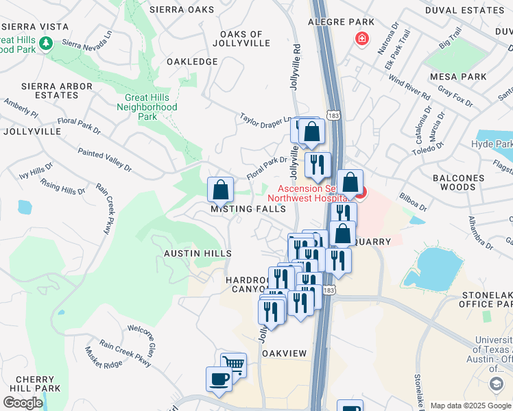 map of restaurants, bars, coffee shops, grocery stores, and more near 10637 Morado Circle in Austin