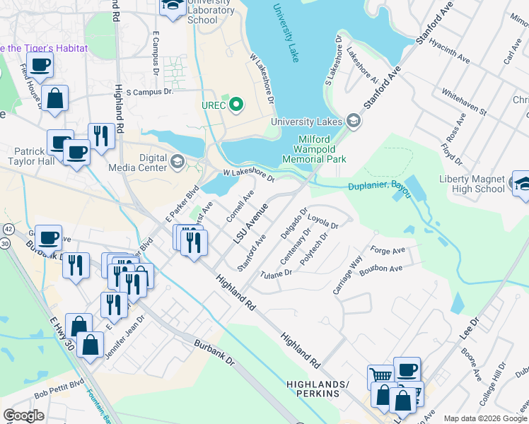 map of restaurants, bars, coffee shops, grocery stores, and more near 505 Stanford Avenue in Baton Rouge