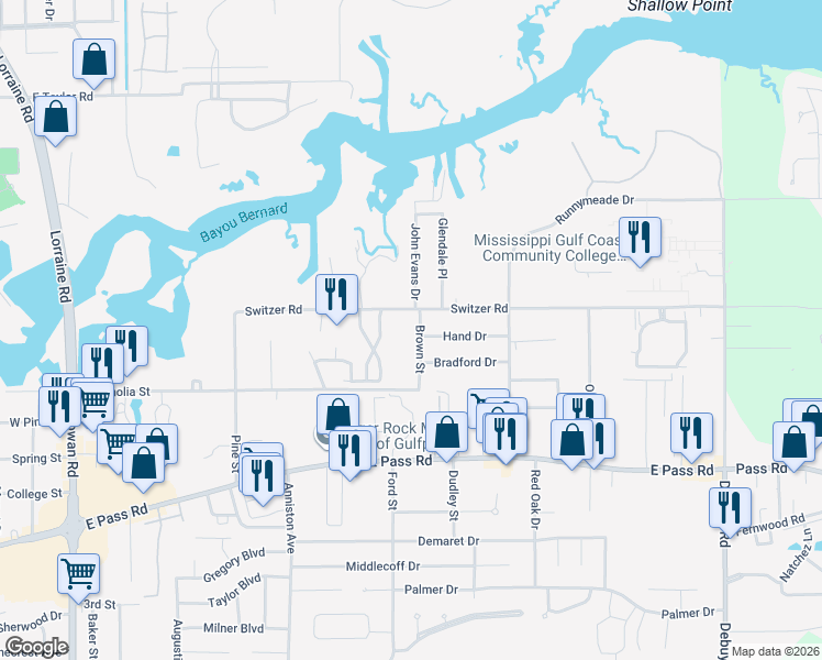 map of restaurants, bars, coffee shops, grocery stores, and more near 2001 Hand Drive in Gulfport