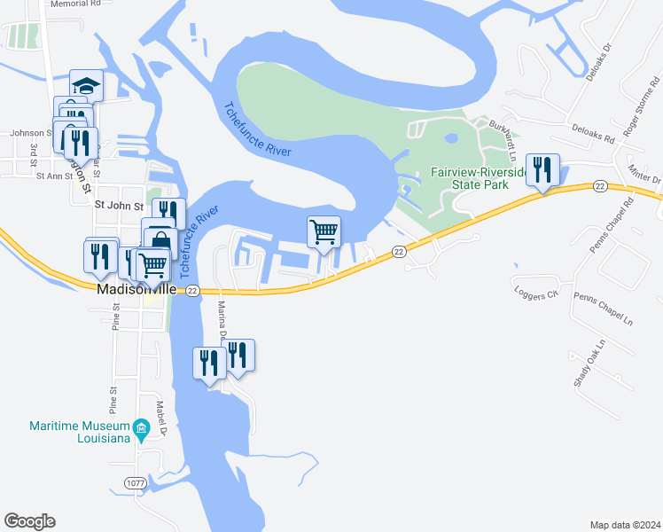 map of restaurants, bars, coffee shops, grocery stores, and more near 141 Louisiana 22 in Madisonville