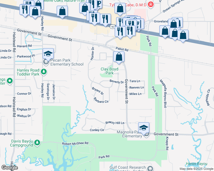 map of restaurants, bars, coffee shops, grocery stores, and more near 317 Hunter Drive in Ocean Springs