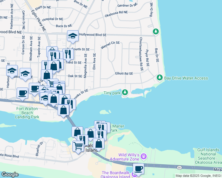map of restaurants, bars, coffee shops, grocery stores, and more near 318 Brooks Street Southeast in Fort Walton Beach