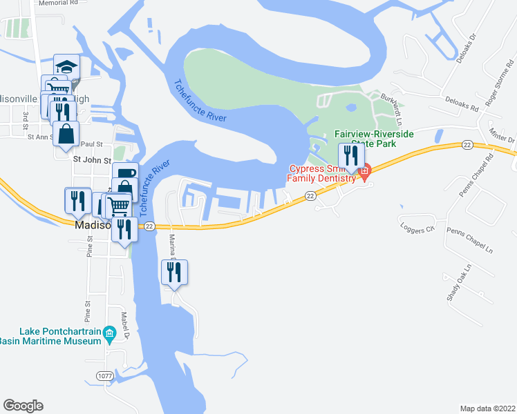 map of restaurants, bars, coffee shops, grocery stores, and more near 141 Highway 22 in Madisonville