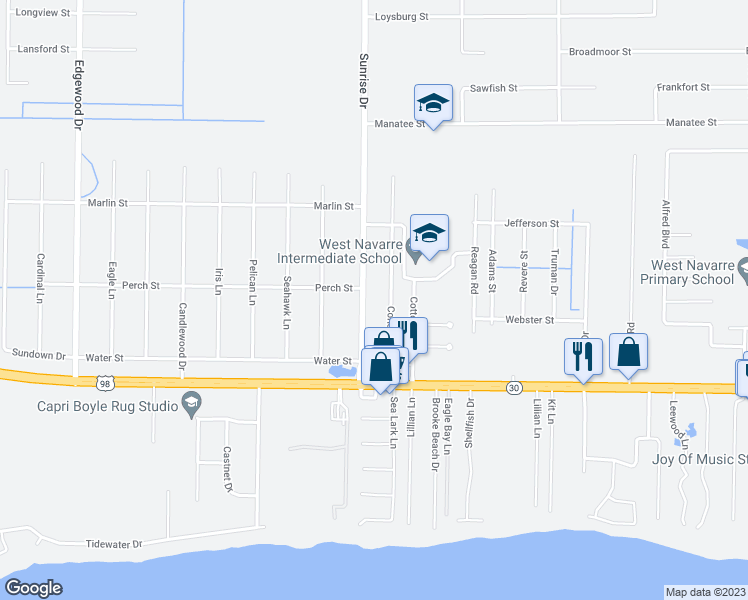 map of restaurants, bars, coffee shops, grocery stores, and more near 1866 Sunrise Drive in Navarre