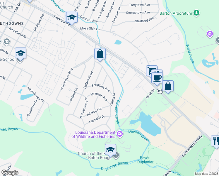 map of restaurants, bars, coffee shops, grocery stores, and more near 5874 Forsythia Avenue in Baton Rouge