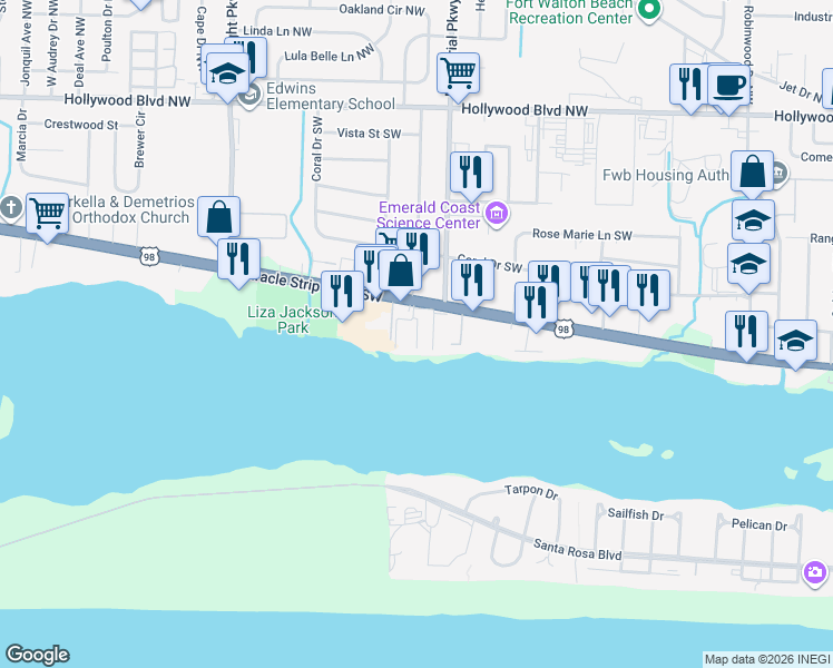 map of restaurants, bars, coffee shops, grocery stores, and more near 308 Miracle Strip Parkway Southwest in Fort Walton Beach