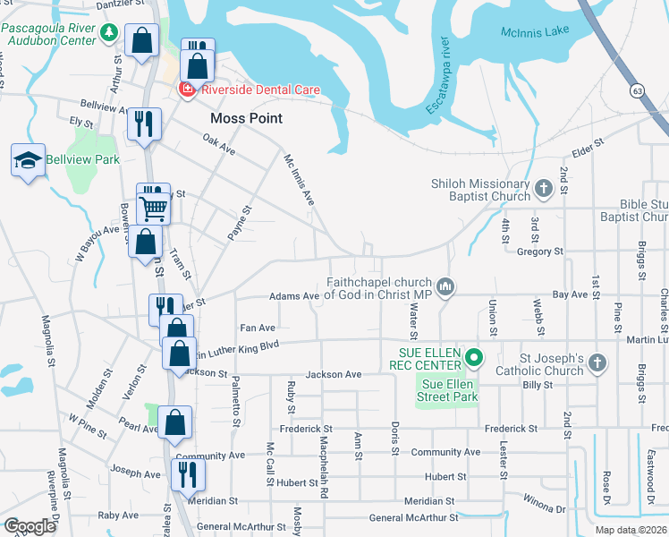 map of restaurants, bars, coffee shops, grocery stores, and more near 4412 Julia Street in Moss Point