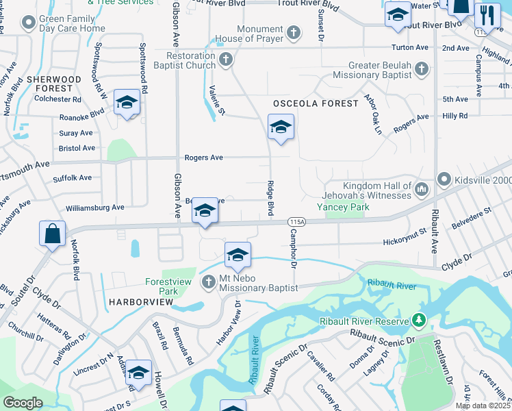 map of restaurants, bars, coffee shops, grocery stores, and more near 9020 Ridge Boulevard in Jacksonville