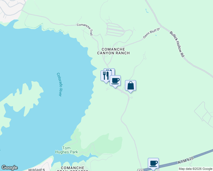 map of restaurants, bars, coffee shops, grocery stores, and more near 6550 Comanche Trail in Austin
