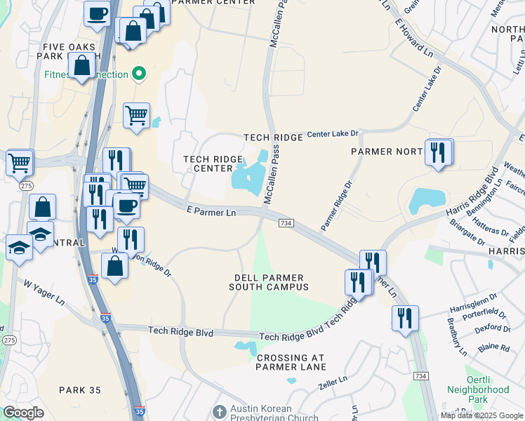 map of restaurants, bars, coffee shops, grocery stores, and more near E Parmer Ln & McCallen Pass in Austin