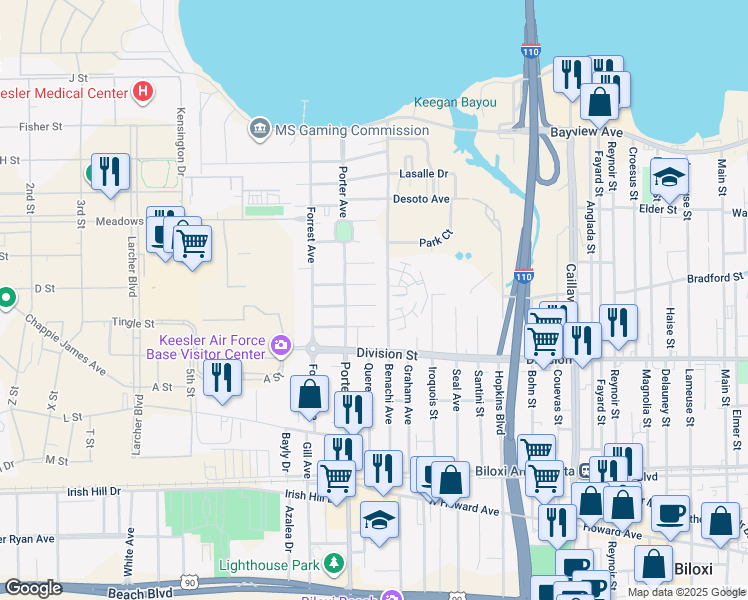 map of restaurants, bars, coffee shops, grocery stores, and more near 325 Benachi Avenue in Biloxi