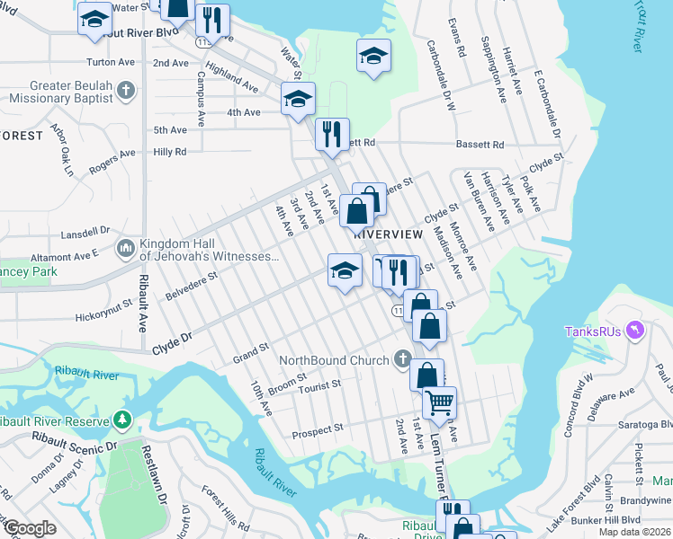 map of restaurants, bars, coffee shops, grocery stores, and more near 2105 Clyde Drive in Jacksonville