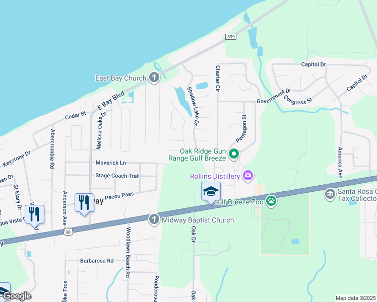 map of restaurants, bars, coffee shops, grocery stores, and more near 5561 Fawn Ridge Drive in Gulf Breeze