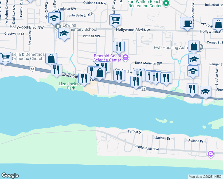 map of restaurants, bars, coffee shops, grocery stores, and more near 300 Miracle Strip Parkway Southwest in Fort Walton Beach