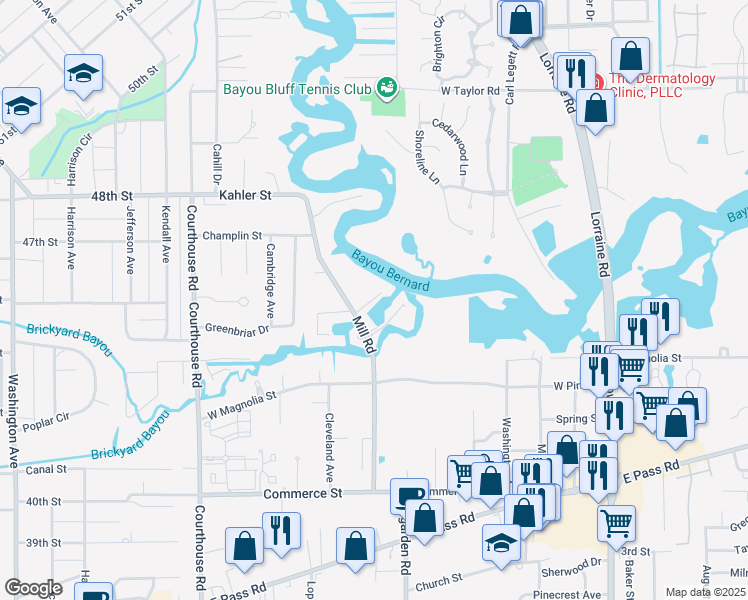 map of restaurants, bars, coffee shops, grocery stores, and more near 1320 Mill Road in Gulfport