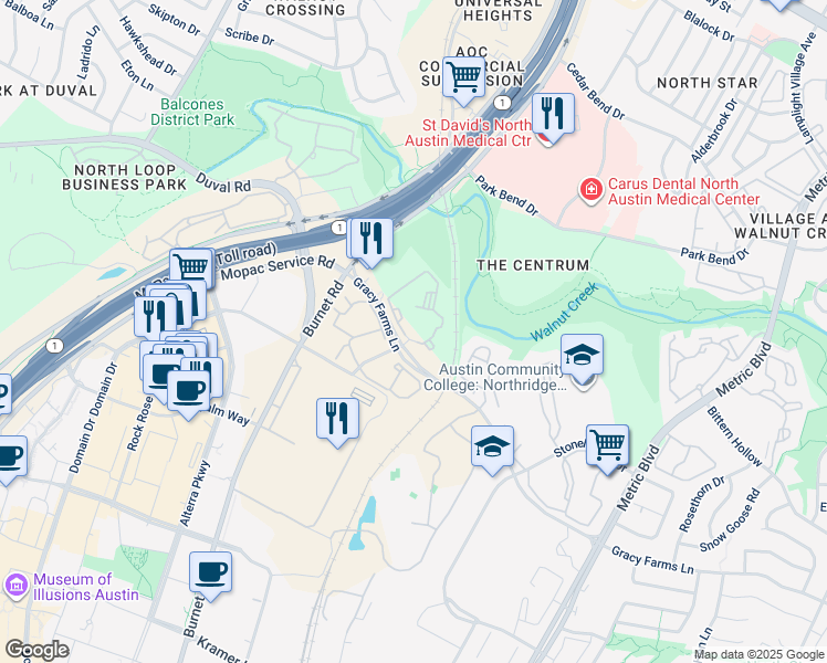 map of restaurants, bars, coffee shops, grocery stores, and more near 2600 Gracy Farms Lane in Austin