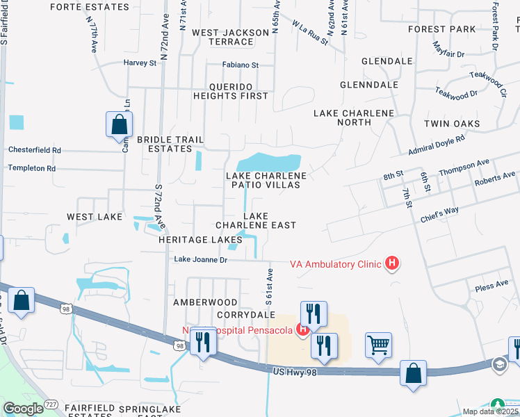 map of restaurants, bars, coffee shops, grocery stores, and more near 54 Narrow Lane Court in Pensacola