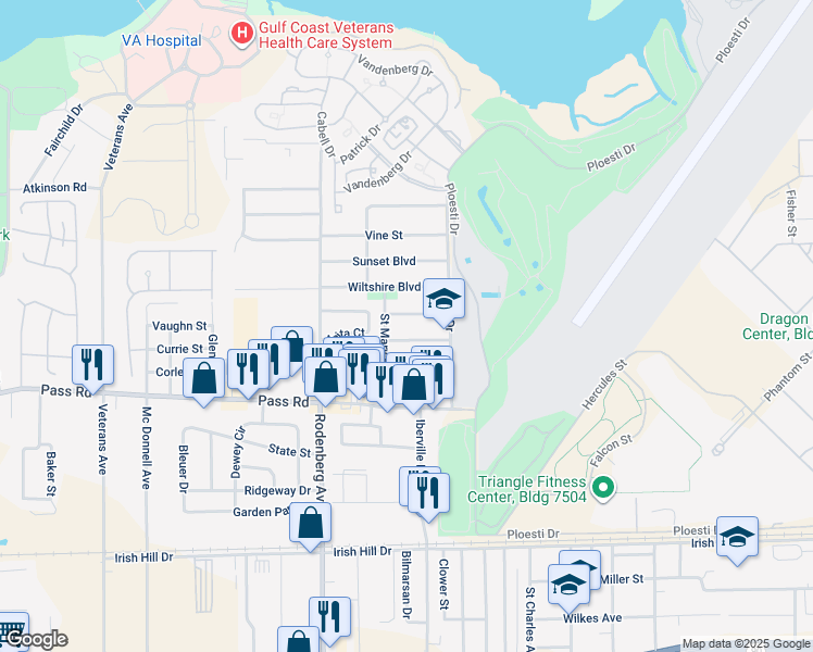 map of restaurants, bars, coffee shops, grocery stores, and more near 340 Saint Mary Boulevard in Biloxi