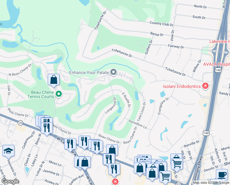 map of restaurants, bars, coffee shops, grocery stores, and more near 102 East Ruelle Drive in Mandeville