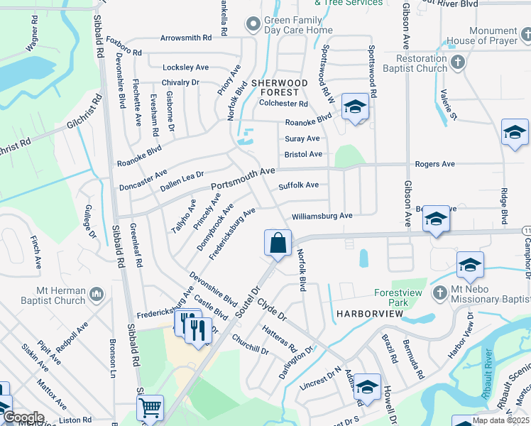 map of restaurants, bars, coffee shops, grocery stores, and more near 9114 Norfolk Boulevard in Jacksonville